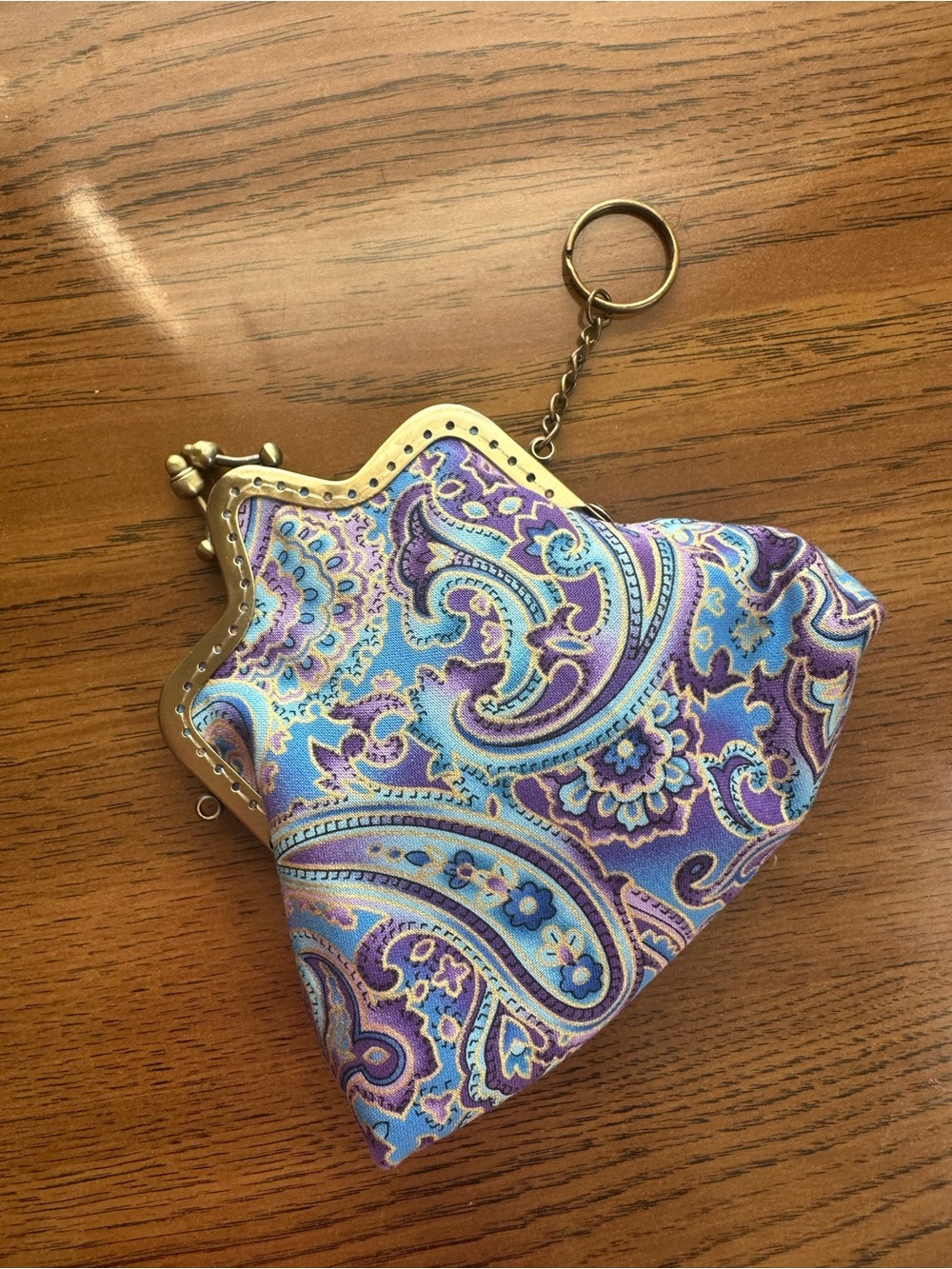 Paisley Coin Purse with Antique Gold Frame and Purple & Blue Fabric Pouch - Picture 2 of 5